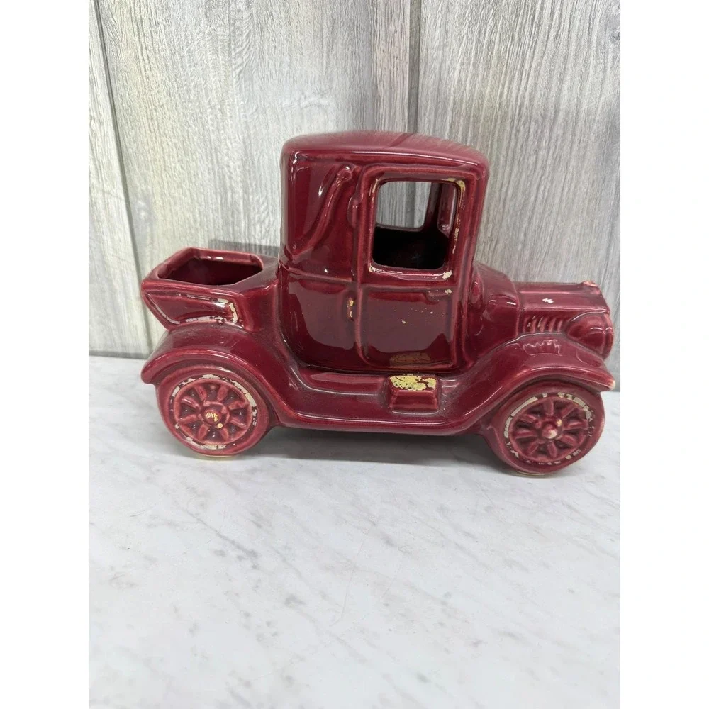 Vintage Ceramic Antique Car Planter Burgundy Red Model T Novelty Pottery Vases